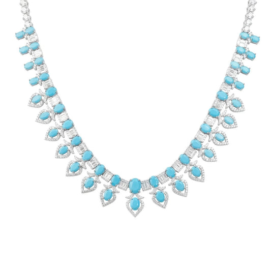 Silver turquoise geometric pendant necklace, 18 inch, with reconstituted turquoise and 5A CZ in rhodium plated 925 sterling silver