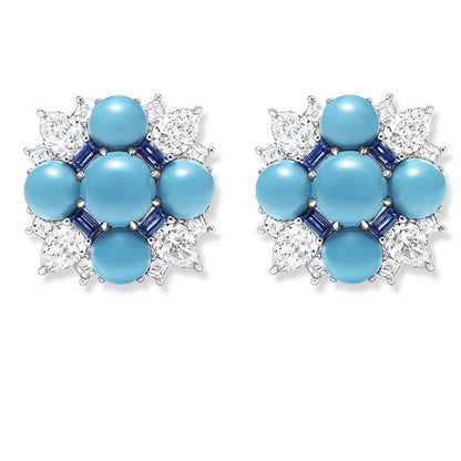 Silver turquoise geometric stud earrings with reconstituted turquoise and 5A CZ in rhodium plated 925 sterling silver