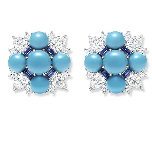 Silver turquoise geometric stud earrings with reconstituted turquoise and 5A CZ in rhodium plated 925 sterling silver