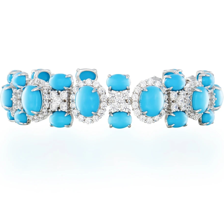 Silver turquoise minimalist link bracelet with reconstituted turquoise and 5A CZ in rhodium plated 925 sterling silver