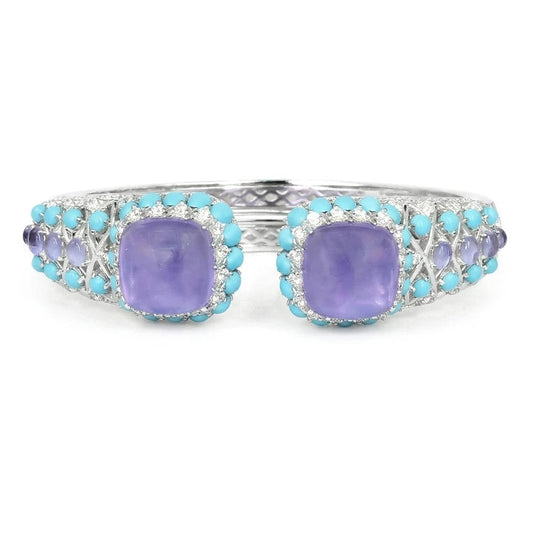 Silver turquoise statement link bracelet with reconstituted turquoise and 5A CZ in rhodium plated 925 sterling silver