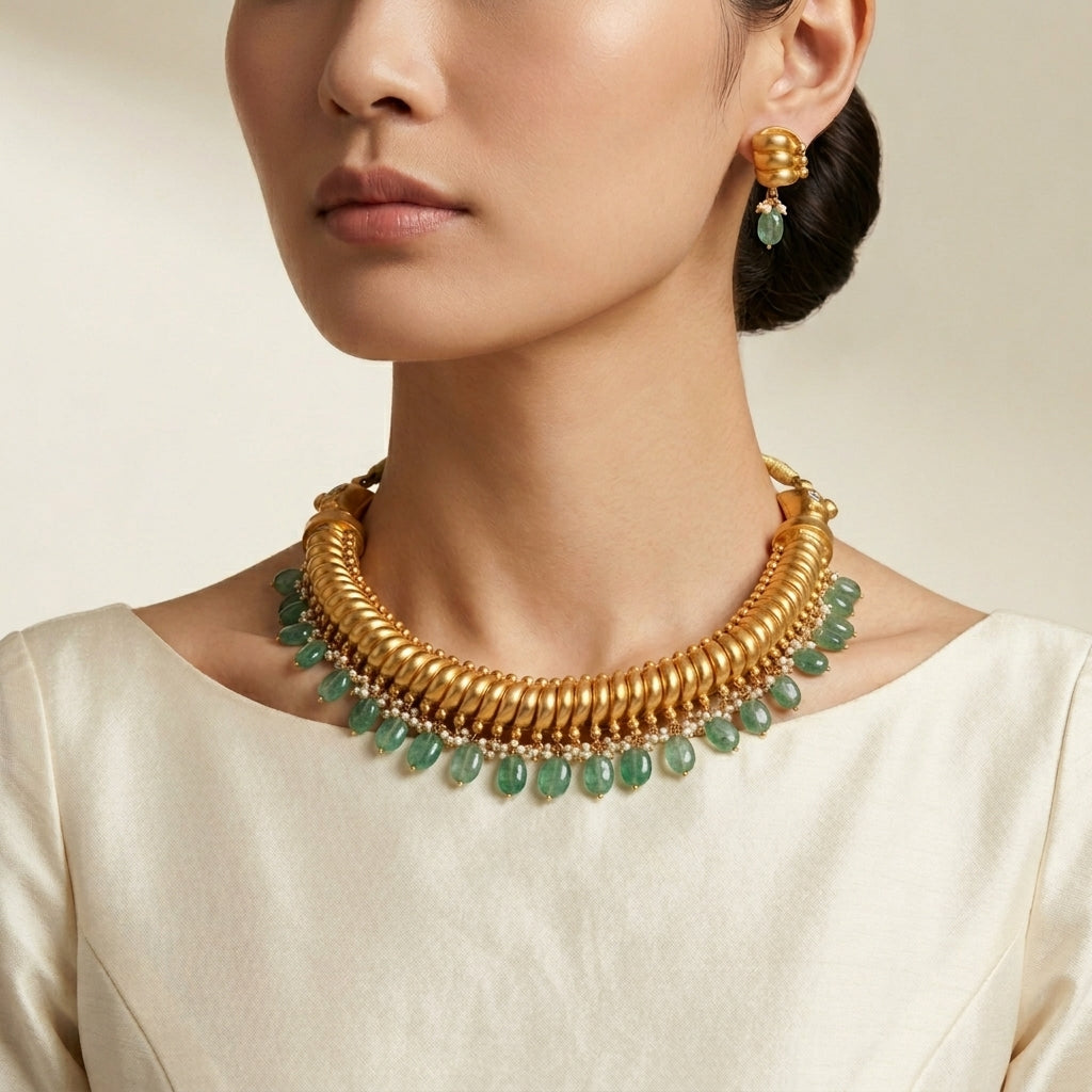 Sutrala Rope and Emerald Drop Necklace Set - ratnalijewels