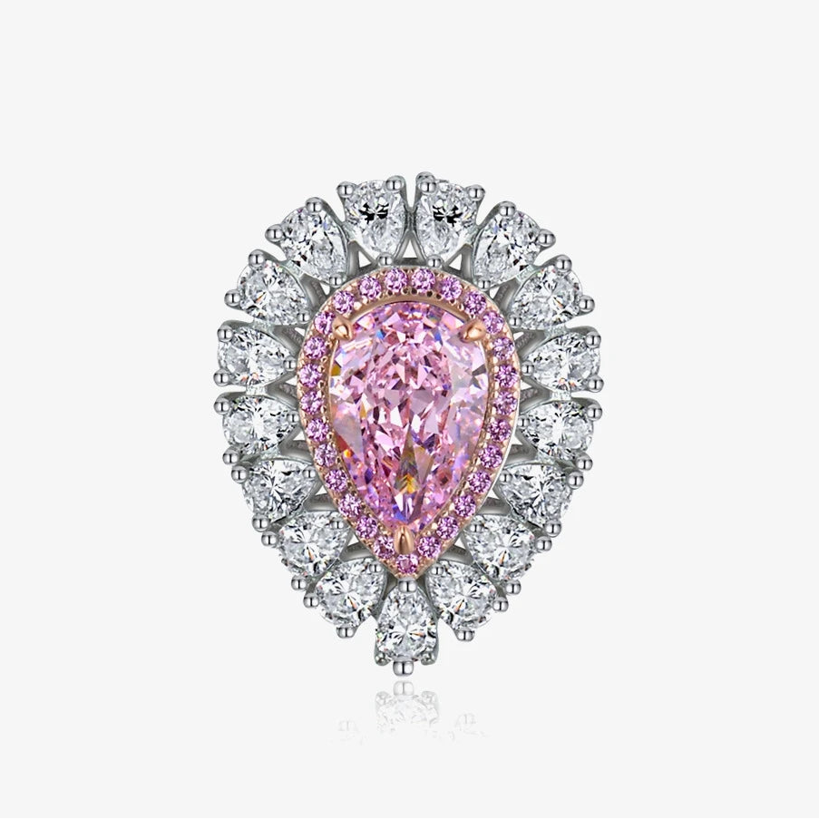 Pink pear teardrop halo statement silver ring, close-up - Ratnali Jewels