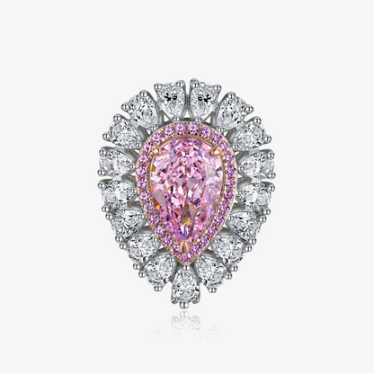 Pink pear teardrop halo statement silver ring, close-up - Ratnali Jewels