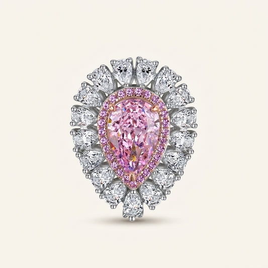 Pink pear teardrop halo statement silver ring, close-up - Ratnali Jewels