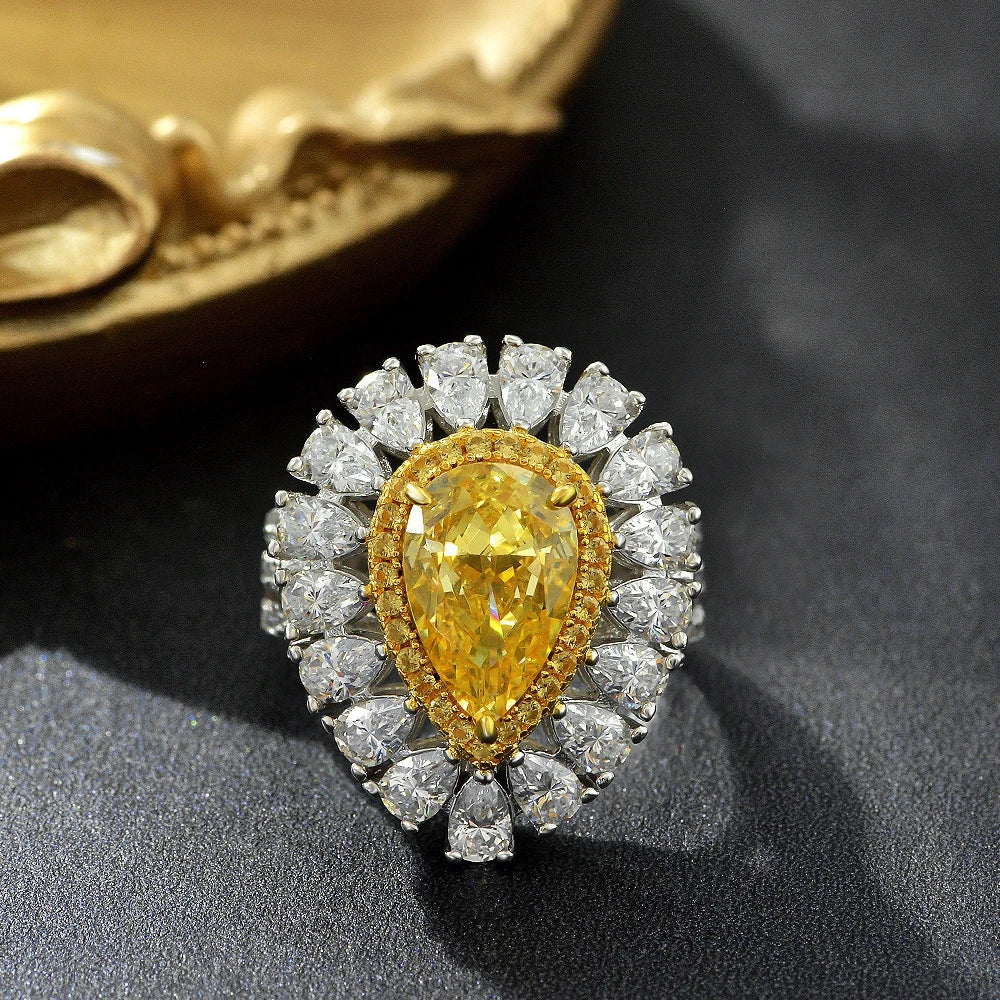 Pale yellow pear teardrop halo statement silver ring - Ratnali Jewels