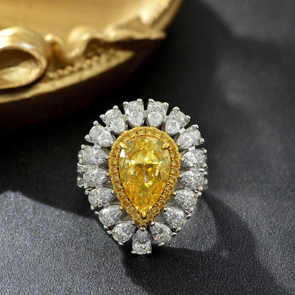 Pale yellow pear teardrop halo statement silver ring - Ratnali Jewels