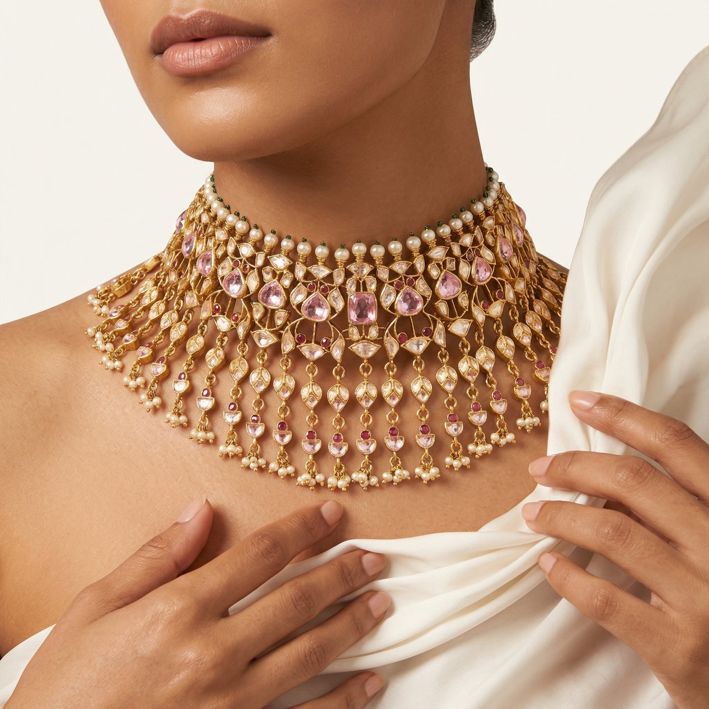 Pink Tourmaline Polki and Pearl Necklace & Jhumka Set