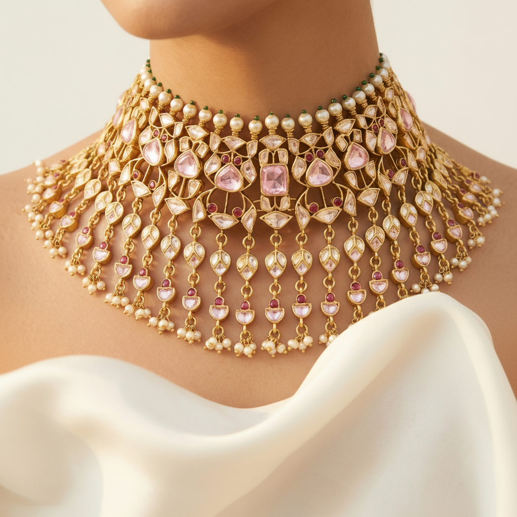 Pink Tourmaline Polki and Pearl Necklace & Jhumka Set