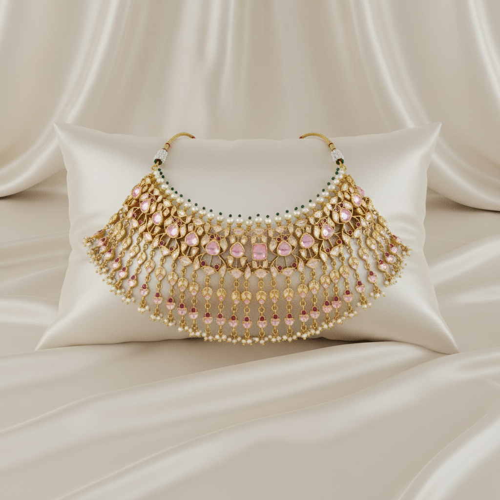 Pink Tourmaline Polki and Pearl Necklace & Jhumka Set