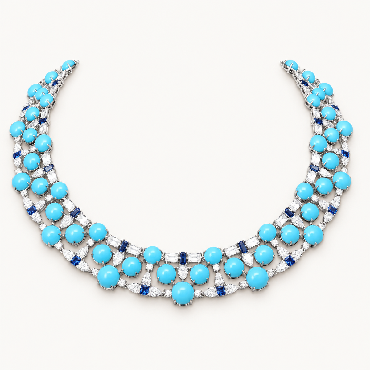 Turquoise Multi Row Collar Necklace, turquoise cabochons and deep blue baguette stones