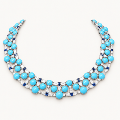Turquoise Multi Row Collar Necklace, turquoise cabochons and deep blue baguette stones