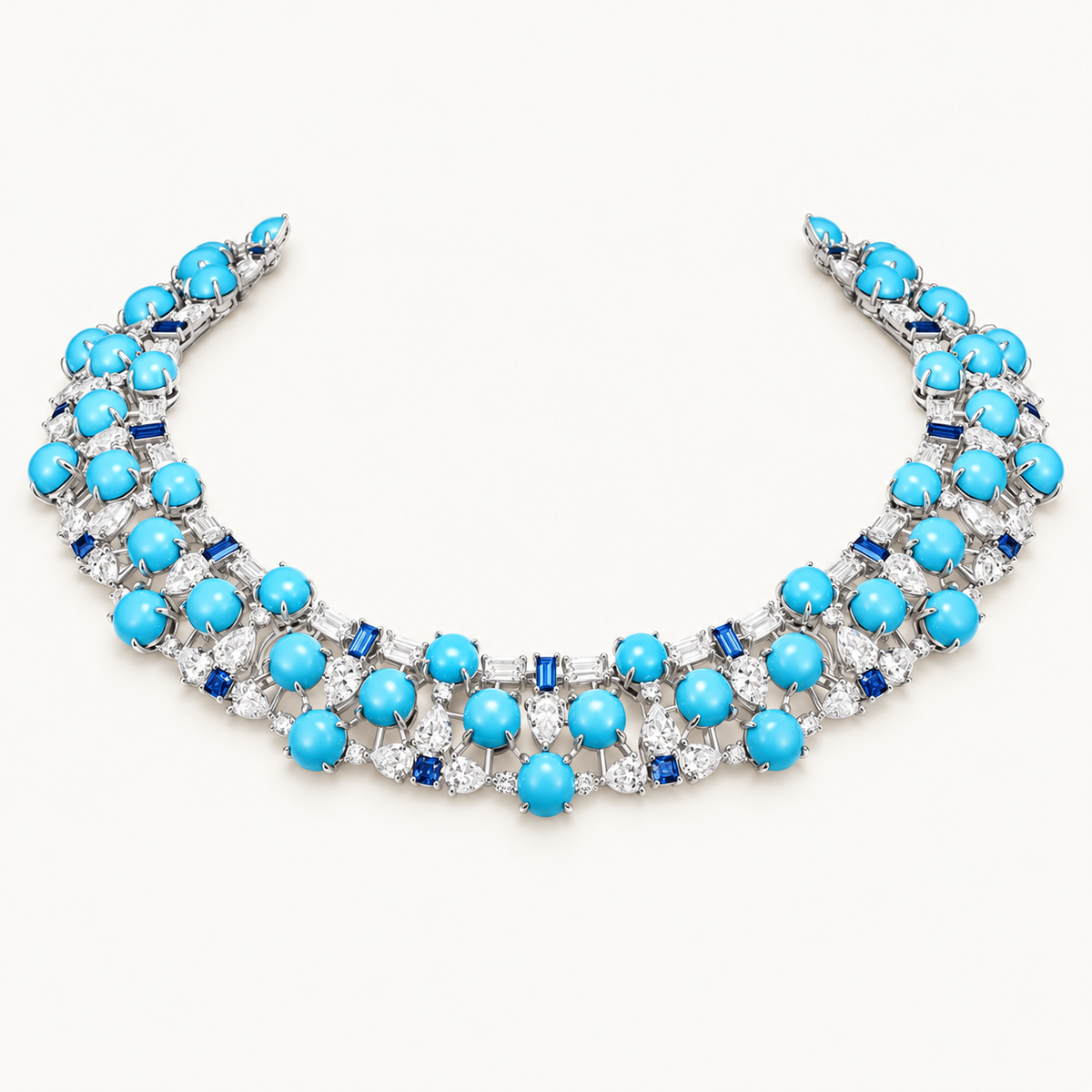 Turquoise Multi Row Collar Necklace in rhodium plated silver, front view, Ratnali Jewels