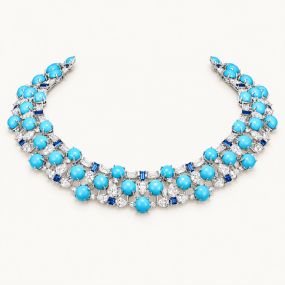 Turquoise Multi Row Collar Necklace in rhodium plated silver, front view, Ratnali Jewels