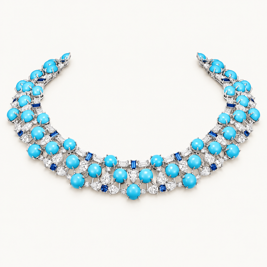 Turquoise Multi Row Collar Necklace in rhodium plated silver, front view, Ratnali Jewels