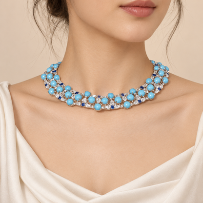 Turquoise Multi Row Collar Necklace worn at the collarbone