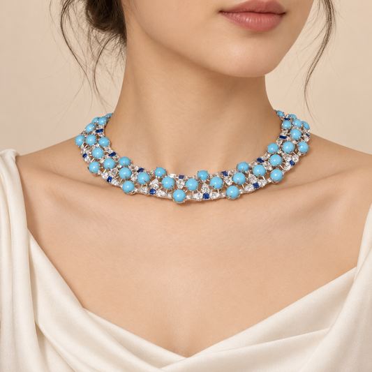 Turquoise Multi Row Collar Necklace worn at the collarbone