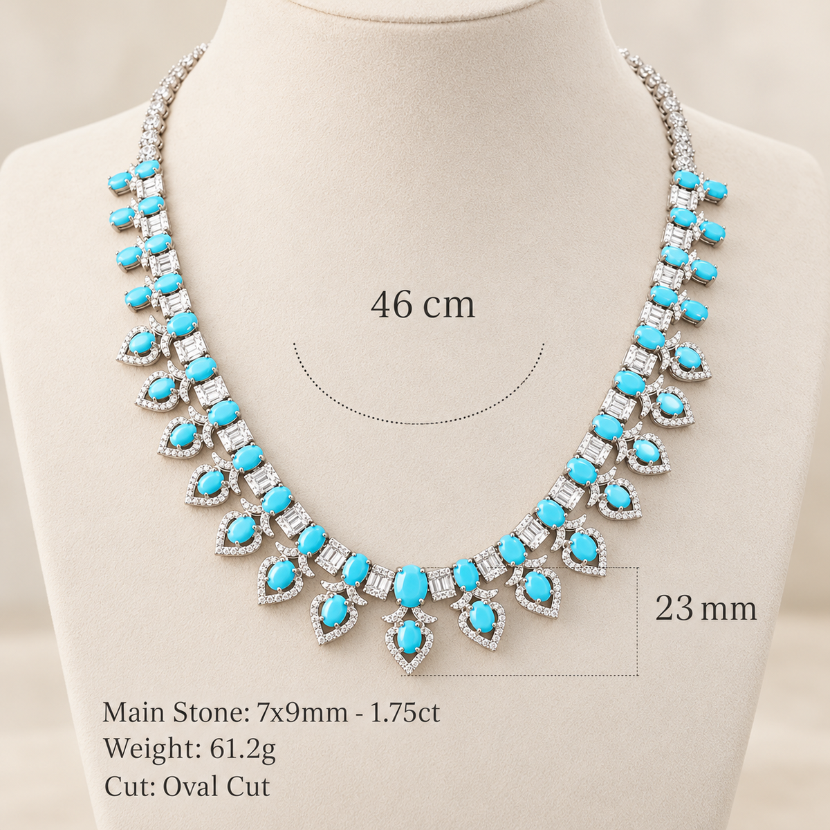 Turquoise Geometric Pendant Necklace dimensions showing 46cm length, 23mm drop, 7 x 9mm oval stone and 61.2g weight
