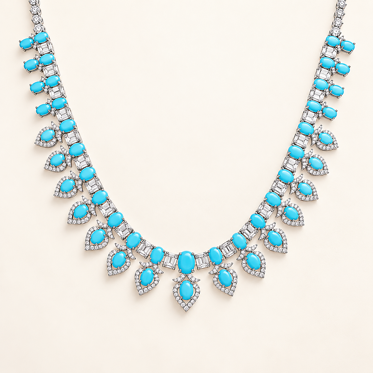 Turquoise Geometric Pendant Necklace front view with reconstituted turquoise and 5A cubic zirconia in rhodium plated sterling silver