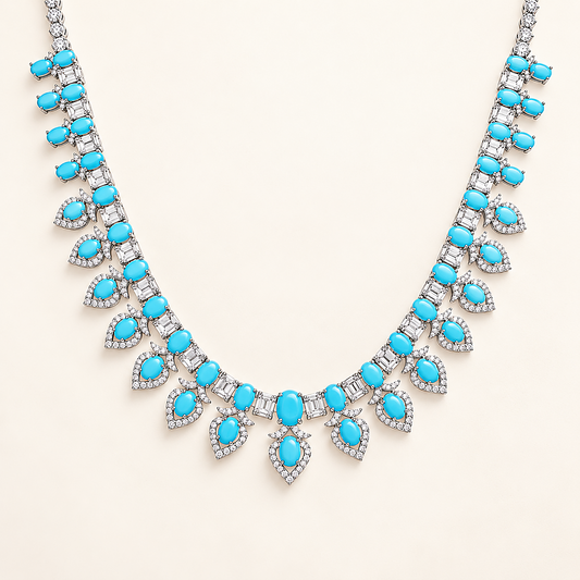 Turquoise Geometric Pendant Necklace front view with reconstituted turquoise and 5A cubic zirconia in rhodium plated sterling silver