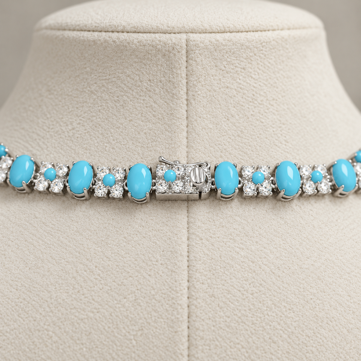 Clasp detail of Turquoise Diamond CZ Halo Collar Necklace in sterling silver