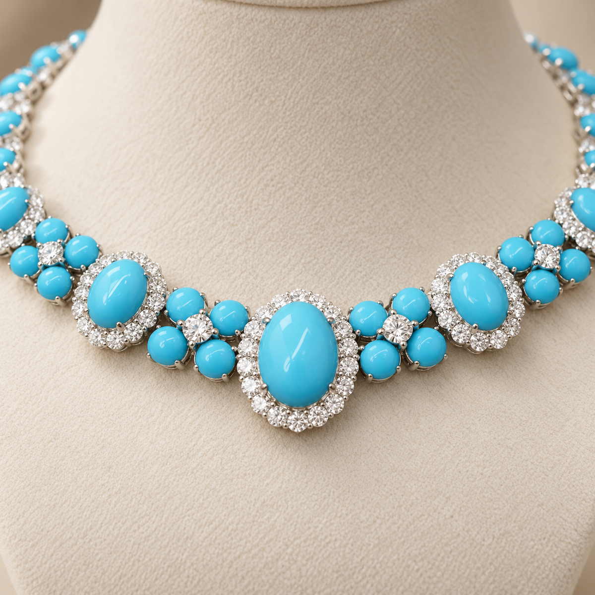 Close up of turquoise oval cabochons and Diamond CZ halo setting on collar necklace