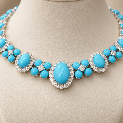 Close up of turquoise oval cabochons and Diamond CZ halo setting on collar necklace