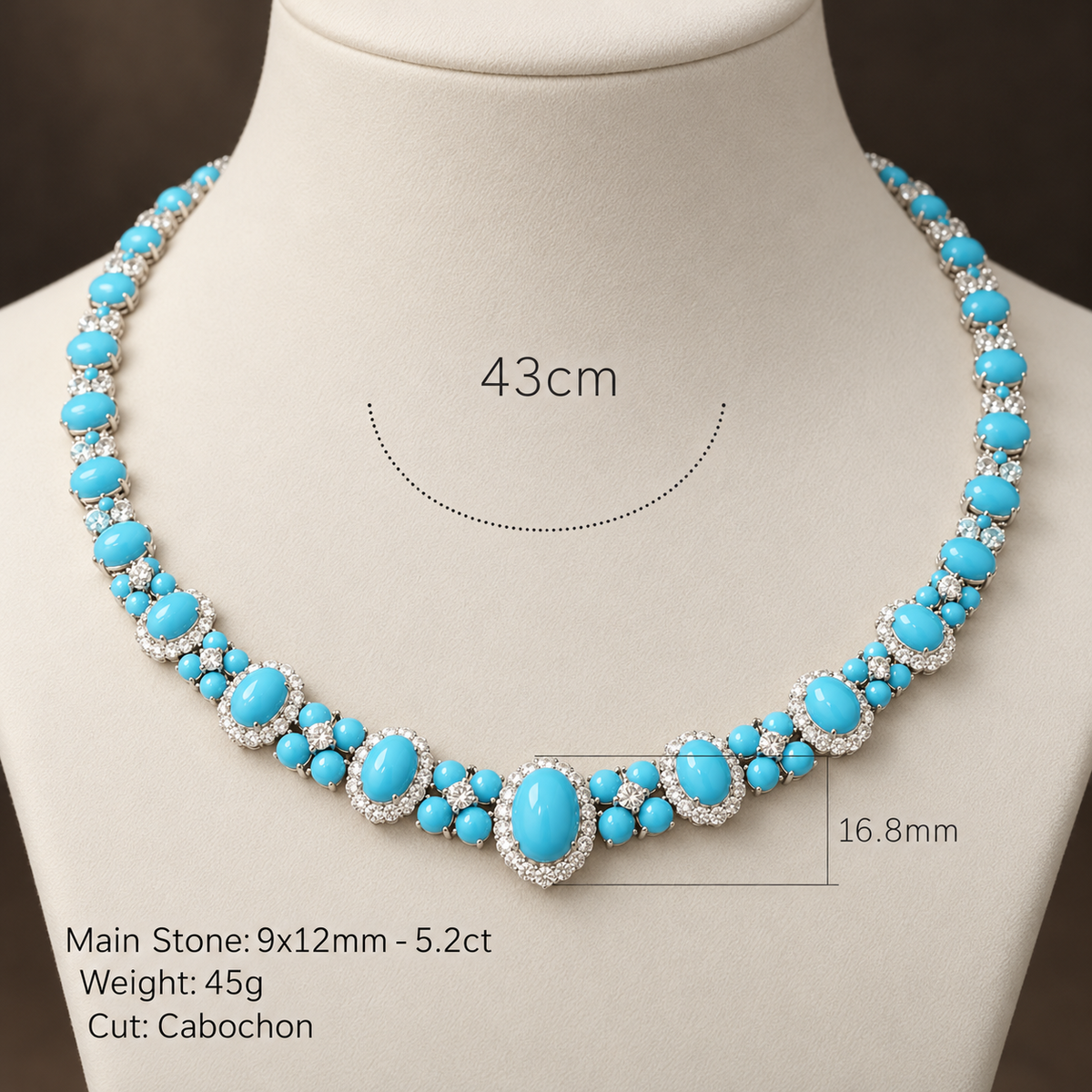Turquoise Diamond CZ Halo Collar Necklace dimensions showing 43cm length and 9 x 12mm centre stone