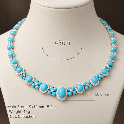 Turquoise Diamond CZ Halo Collar Necklace dimensions showing 43cm length and 9 x 12mm centre stone