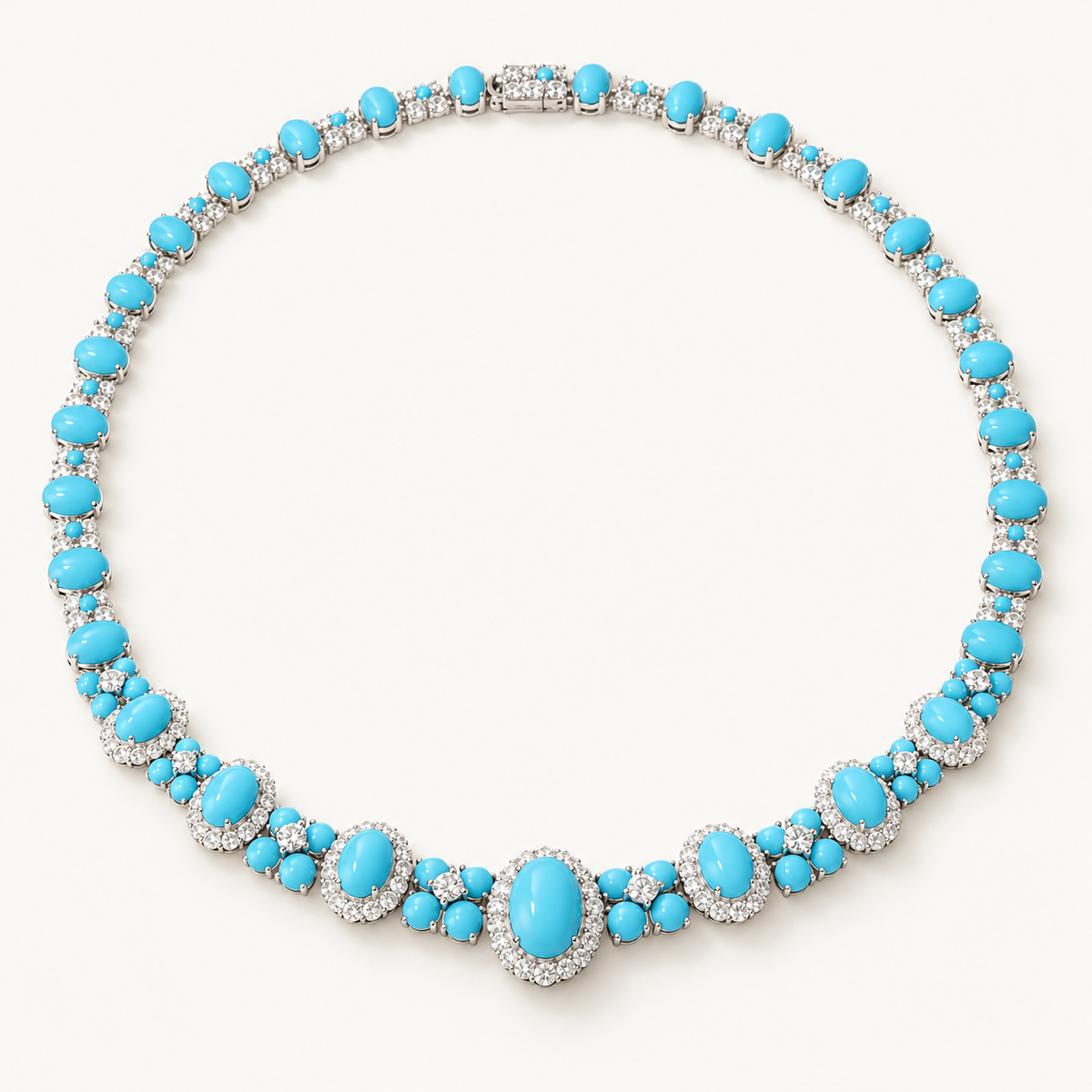 Turquoise Diamond CZ Halo Collar Necklace full view in rhodium plated 925 sterling silver