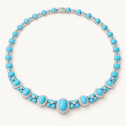 Turquoise Diamond CZ Halo Collar Necklace full view in rhodium plated 925 sterling silver