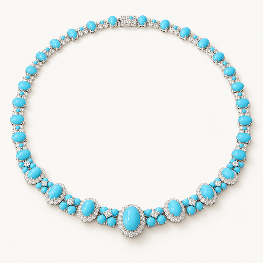 Turquoise Diamond CZ Halo Collar Necklace full view in rhodium plated 925 sterling silver