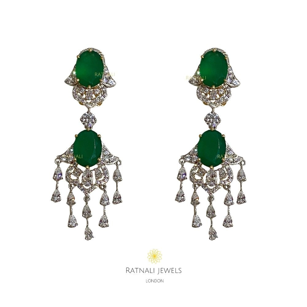 Gia | Semi precious Emerald drop diamond look earrings in real silver - ratnalijewels