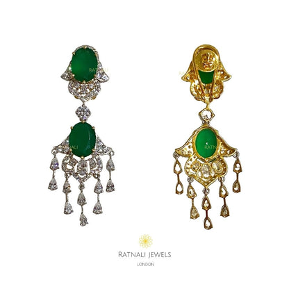Gia | Semi precious Emerald drop diamond look earrings in real silver - ratnalijewels