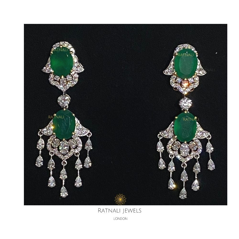 Gia | Semi precious Emerald drop diamond look earrings in real silver - ratnalijewels