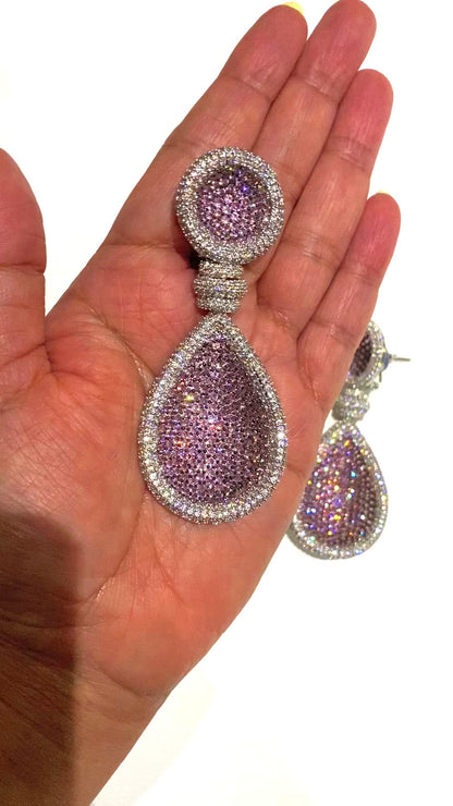 Pink | Pink Gemstone and Faux Diamond Chandelier Earrings in Metal Alloy