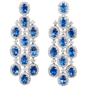 Blue Sapphire & diamond high grade cubic zirconia silver chandelier earrings