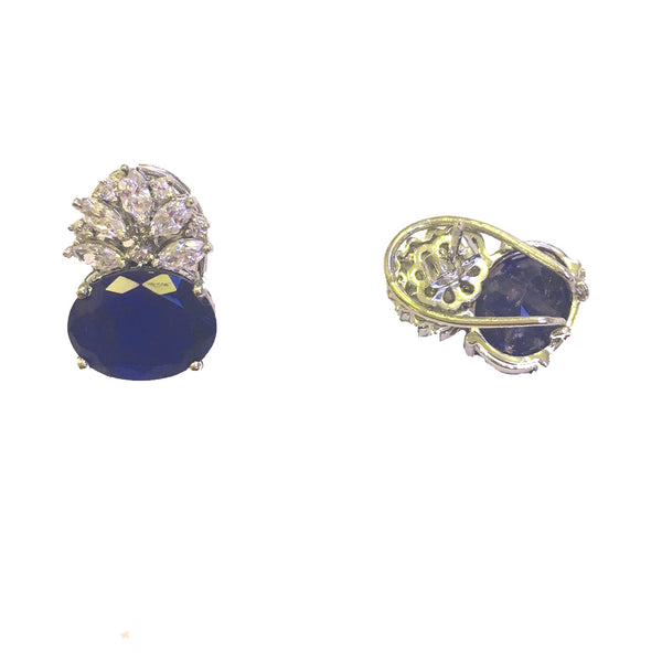 Blue Sapphire & diamond high grade cubic zirconia silver stud earrings