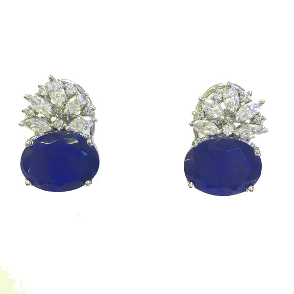 Blue Sapphire & diamond high grade cubic zirconia silver stud earrings