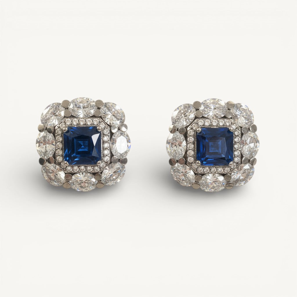 Sapphire & diamond high grade cubic zirconia silver stud earrings