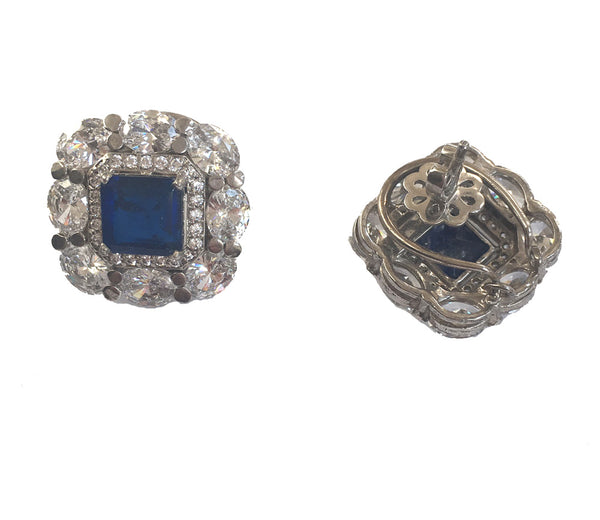 Sapphire & diamond high grade cubic zirconia silver stud earrings