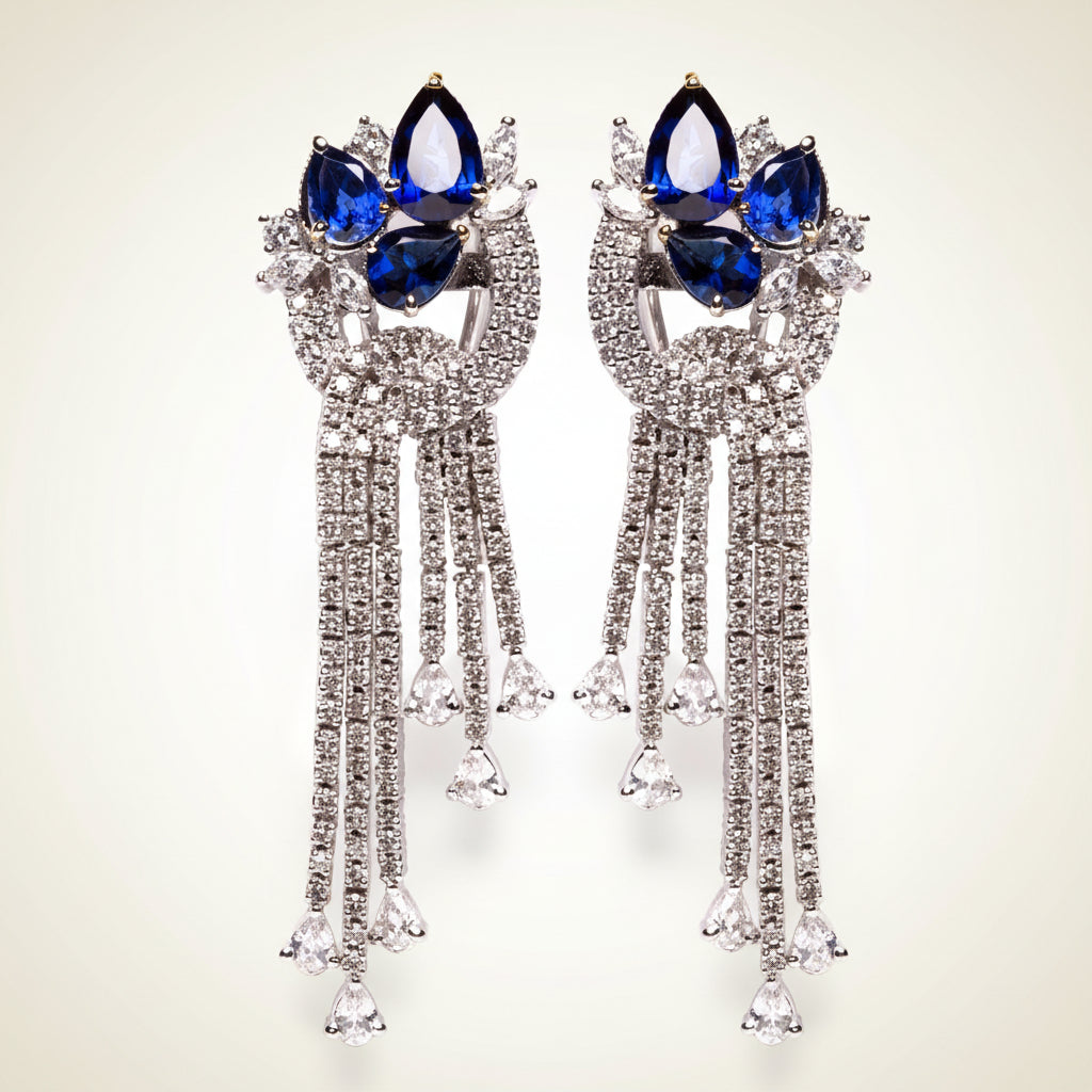 Sapphire & diamond high grade cubic zirconia silver chandelier earrings