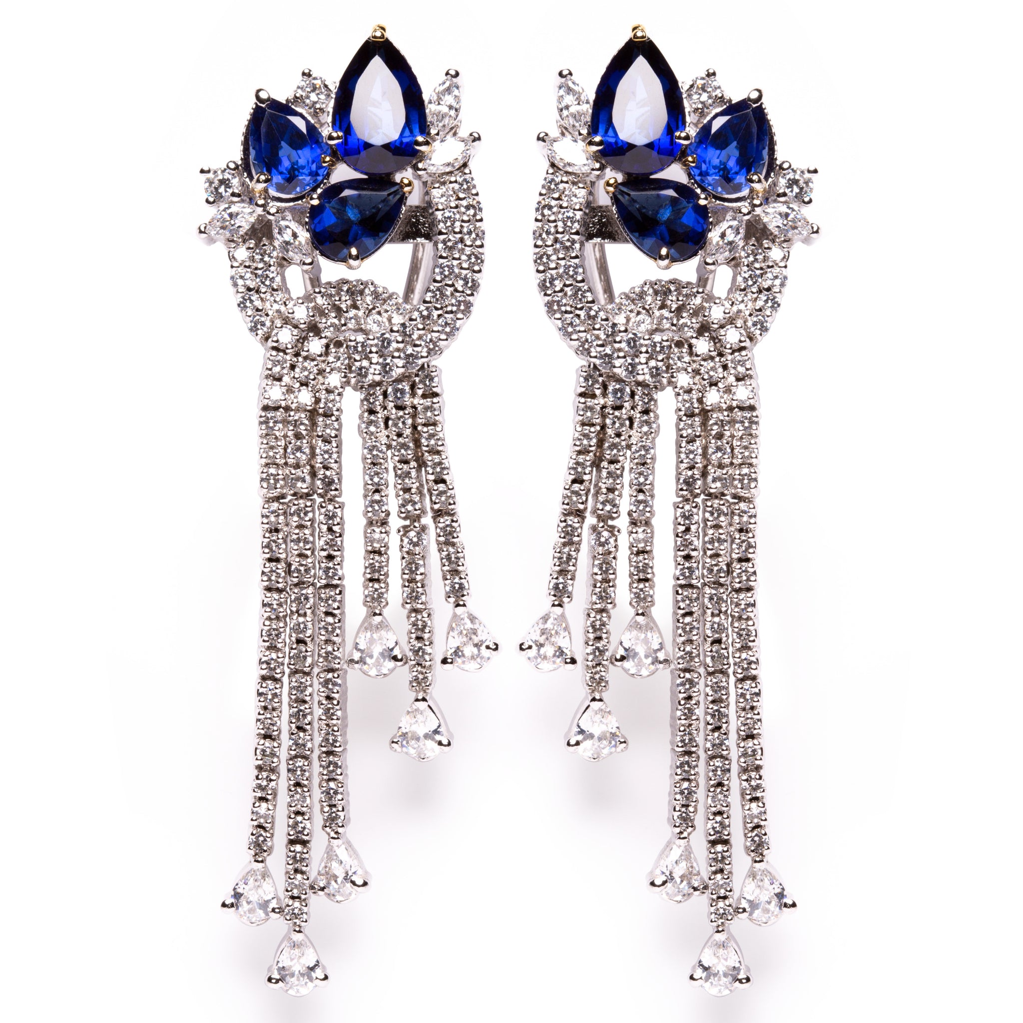 Sapphire & diamond high grade cubic zirconia silver chandelier earrings