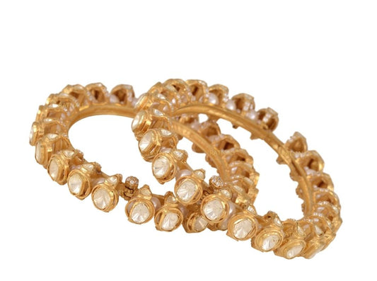 Mohini Kankanam | Pair of Silver Moissanite Polki and Pearl Jadau Kangan Bangle Bracelet - ratnalijewels