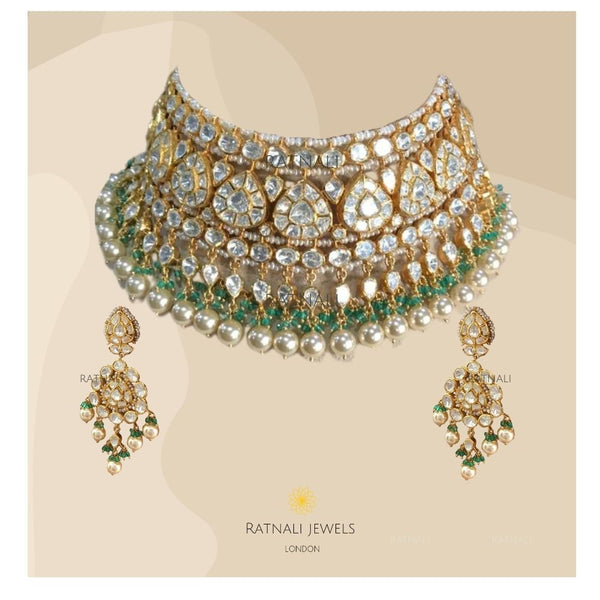 Rohini Jaipur | Moissanite Polki Choker Necklace set in Gold plated Real Silver