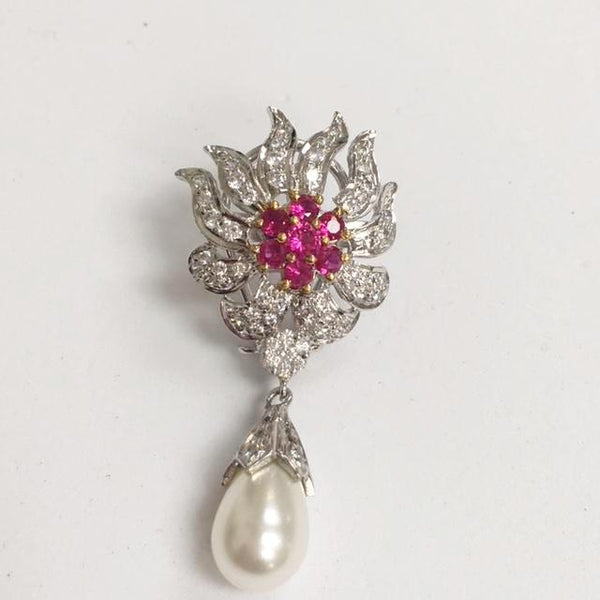 Simulated diamond & ruby pearl drop earrings, Earrings - Ratnali Jewels