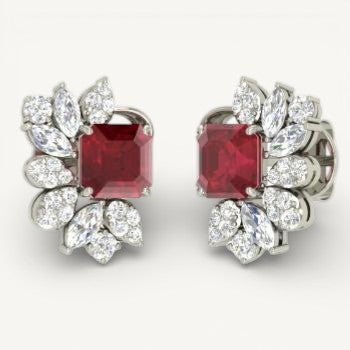 Keya Simulated Diamond & Ruby Cluster Stud Earrings, Studs - Ratnali Jewels