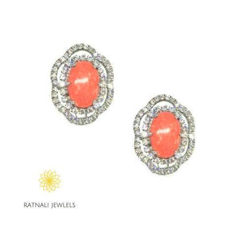Simulated diamond & Coral opal stud earrings, Studs - Ratnali Jewels