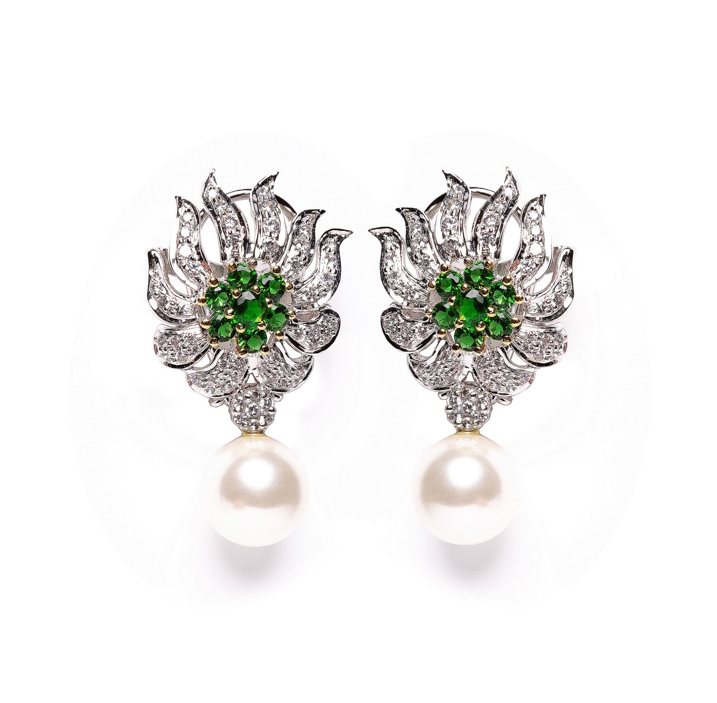 Lulit | Cultured Pearl, Emerald and Simulated Diamond Drop Earrings - ratnalijewels