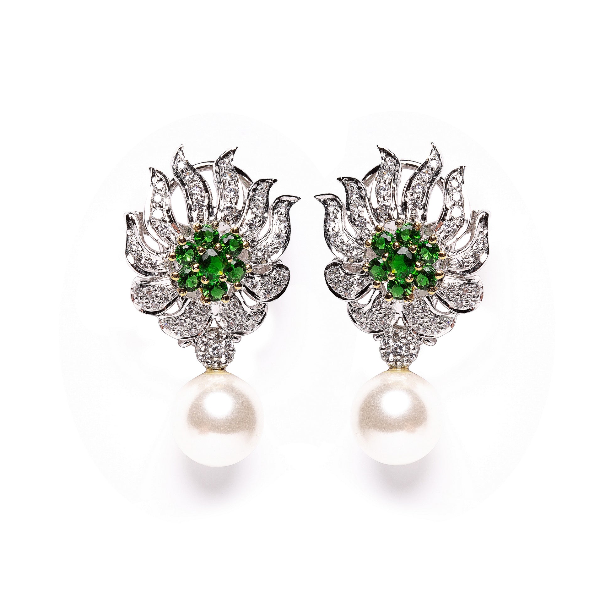 Lulit | Cultured Pearl, Emerald and Simulated Diamond Drop Earrings - ratnalijewels